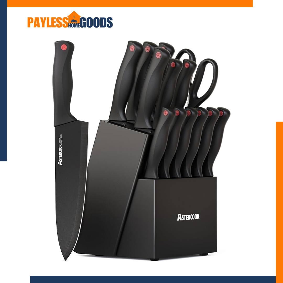 Astercook 15-Piece Kitchen Knife Set with Block and Built-In Sharpener – Dishwasher Safe German Stainless Steel Knife Set for Kitchen, Black