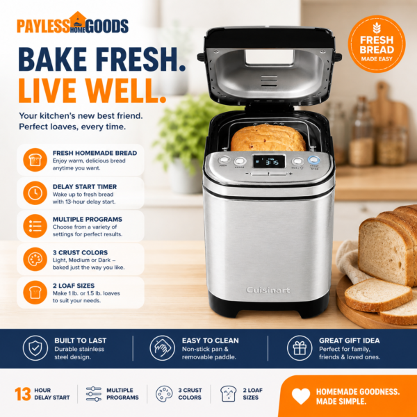 Make fresh homemade bread easily with the Cuisinart Bread Maker Machine. 12 programs, 3 loaf sizes, and automatic baking for perfect results every time.