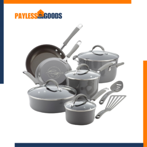 Rachael Ray Cucina Nonstick Cookware Set 12-Piece – Sea Salt Gray Aluminum Pots and Pans with Glass Lids & Silicone Handles
