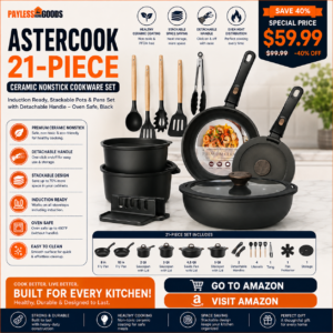 Astercook 21-Piece Ceramic Nonstick Cookware Set with Detachable Handle – Induction Ready, Stackable Pots and Pans Set, Oven Safe, Black