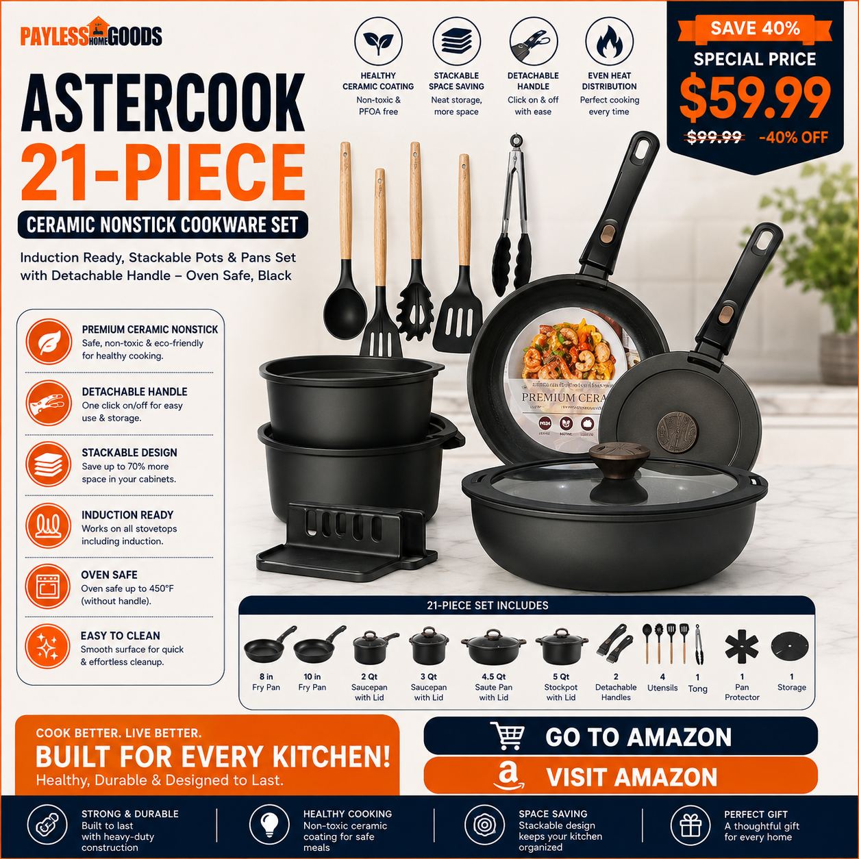 Astercook 21-Piece Ceramic Nonstick Cookware Set with Detachable Handle – Induction Ready, Stackable Pots and Pans Set, Oven Safe, Black