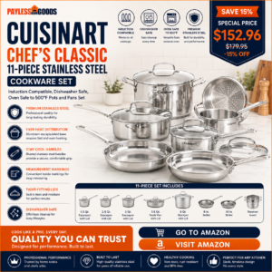 Cuisinart Chef’s Classic 11-Piece Stainless Steel Cookware Set – Induction Compatible, Dishwasher Safe, Oven Safe to 500°F Pots and Pans Set