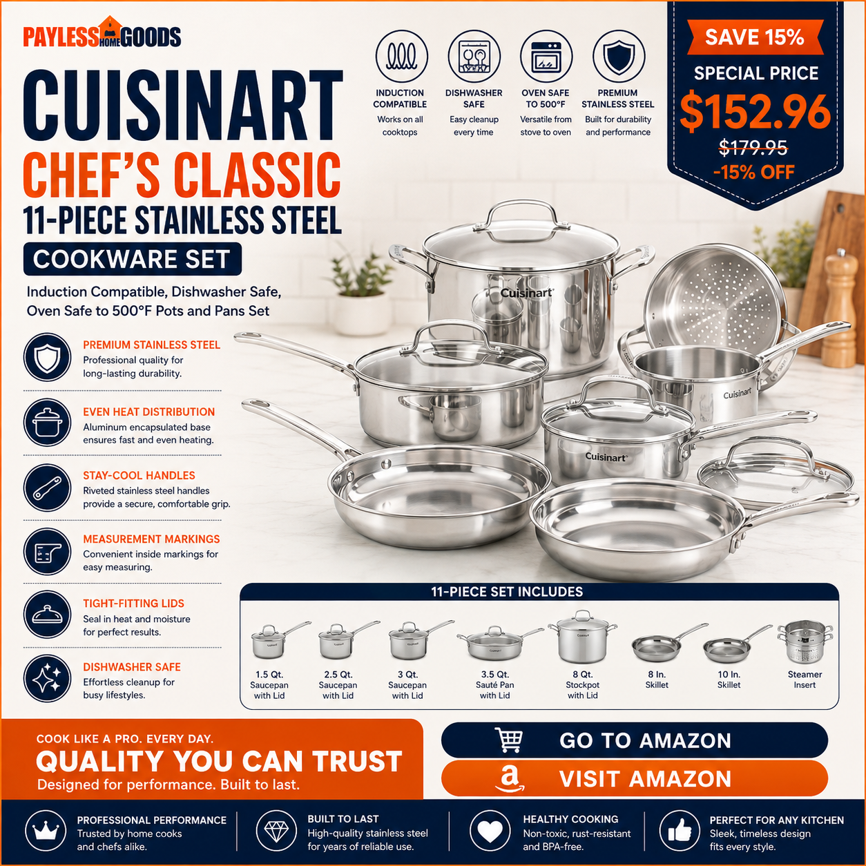 Cuisinart Chef’s Classic 11-Piece Stainless Steel Cookware Set – Induction Compatible, Dishwasher Safe, Oven Safe to 500°F Pots and Pans Set