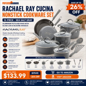 Rachael Ray Cucina Nonstick Cookware Set 12-Piece – Sea Salt Gray Aluminum Pots and Pans with Glass Lids & Silicone Handles