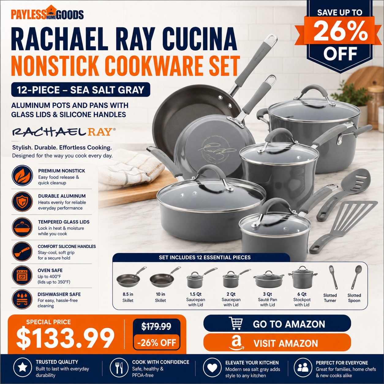 Rachael Ray Cucina Nonstick Cookware Set 12-Piece – Sea Salt Gray Aluminum Pots and Pans with Glass Lids & Silicone Handles