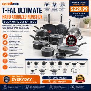 T-Fal Ultimate Hard Anodized Nonstick Cookware Set 17-Piece – Dishwasher Safe Pots and Pans Set with Thermo-Spot Technology, Onyx