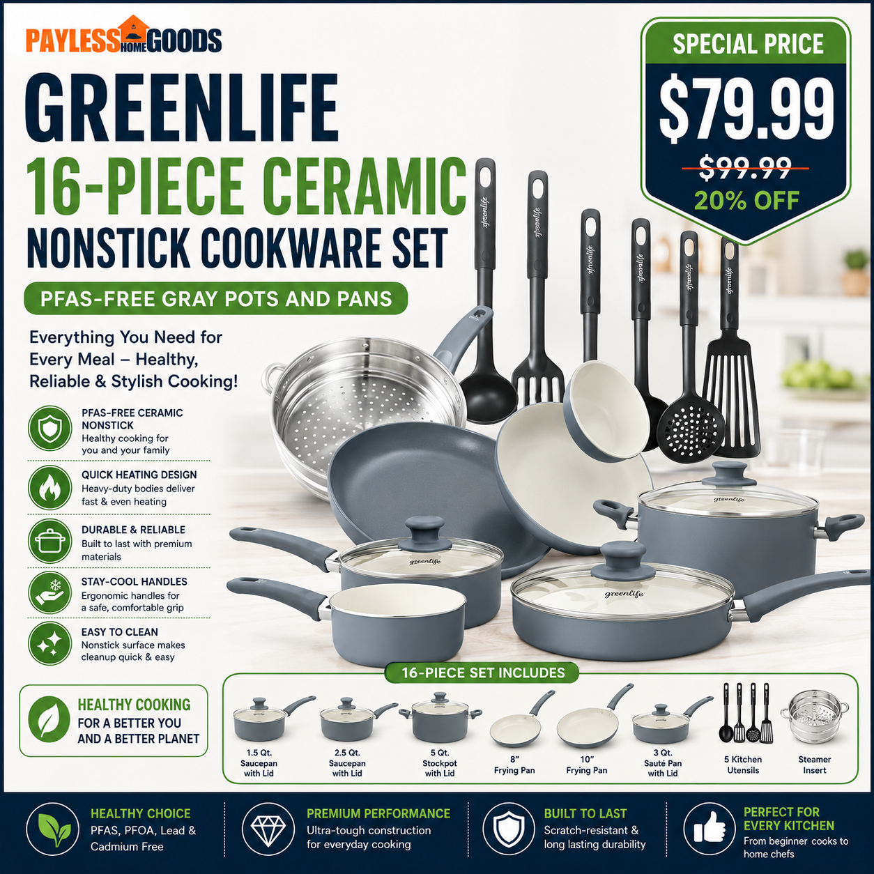 GreenLife 16-Piece Ceramic Nonstick Cookware Set