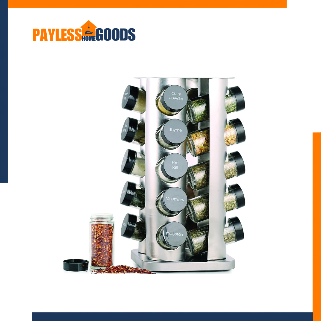 20 Jar Rotating Spice Rack with Spices Included – Stainless Steel Countertop Spice Rack Organizer with 3 oz Glass Jars