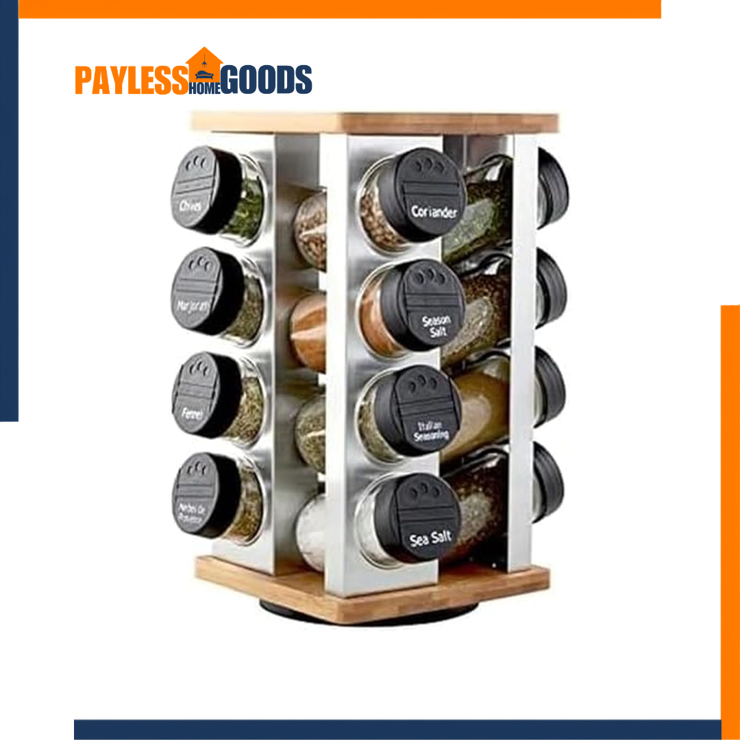 Kamenstein 16 Jar Revolving Spice Rack Organizer with Spices – Stainless Steel & Bamboo Countertop Spice Rack with Free 5-Year Refills