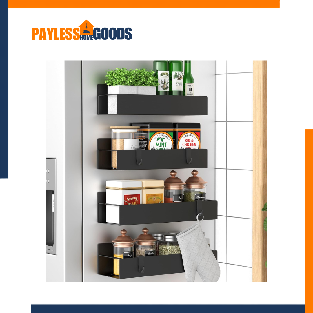 HuggieGems 4-Pack Magnetic Spice Rack for Refrigerator, Heavy-Duty Black Metal Fridge Organizer Shelves for Spices, Seasonings, Kitchen & Appliances