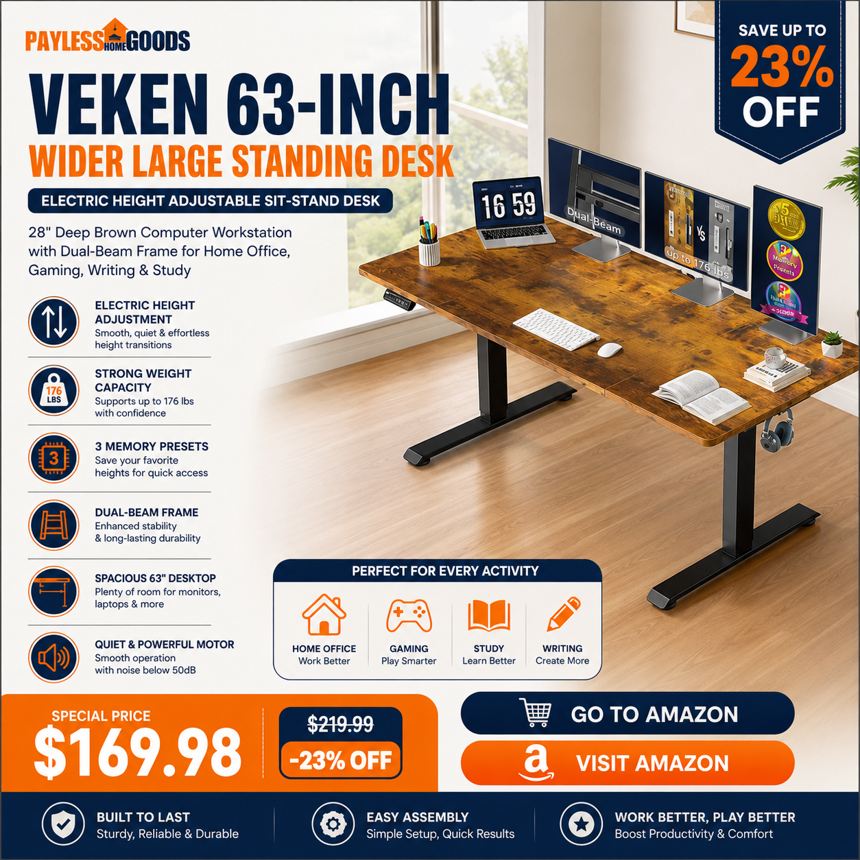 Veken 63-Inch Wider Large Standing Desk, Electric Height Adjustable Sit-Stand Desk