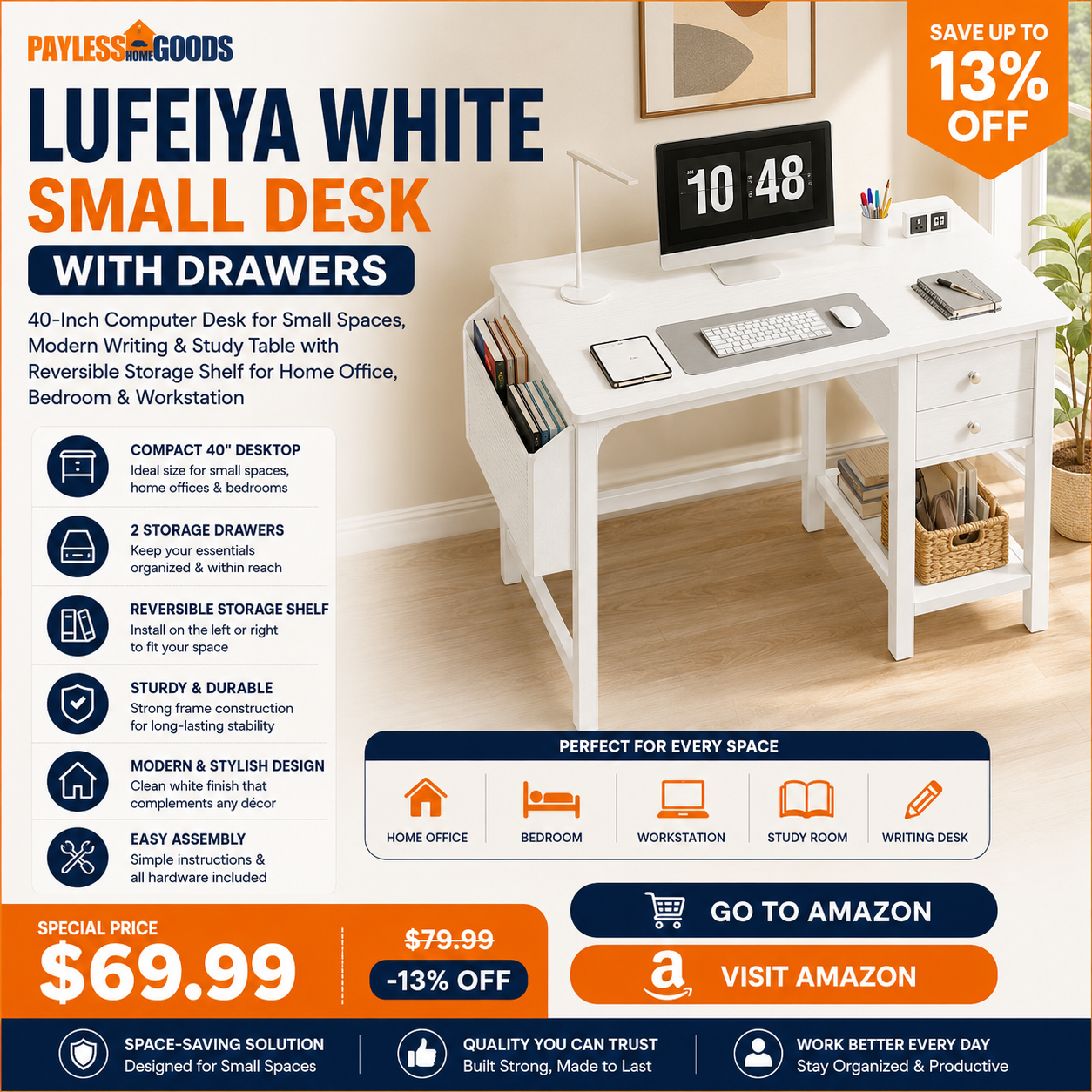 Lufeiya White Small Desk with Drawers