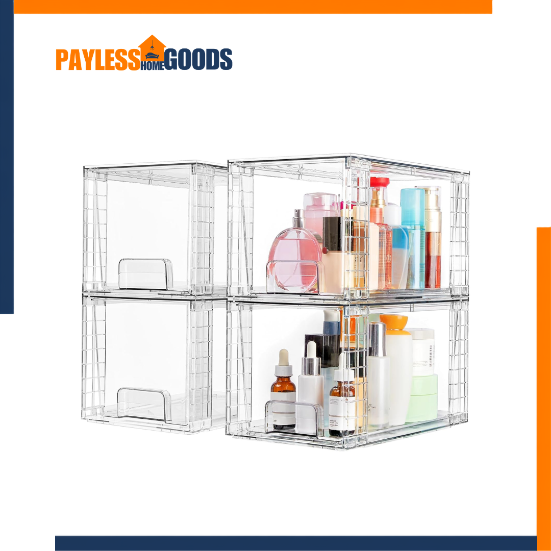 Vtopmart 4 Pack Large Clear Stackable Storage Drawers, Pull-Out Organizer Bins for Kitchen Cabinets, Pantry, Bathroom, Makeup & Under Sink