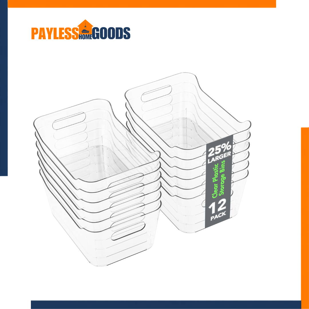 Tiawudi 12 Pack Clear Storage Bins, BPA-Free Plastic Pantry Organizer Bins with Handles, Multi-Use Storage Containers for Kitchen, Fridge, Cabinet, Shelf & Office