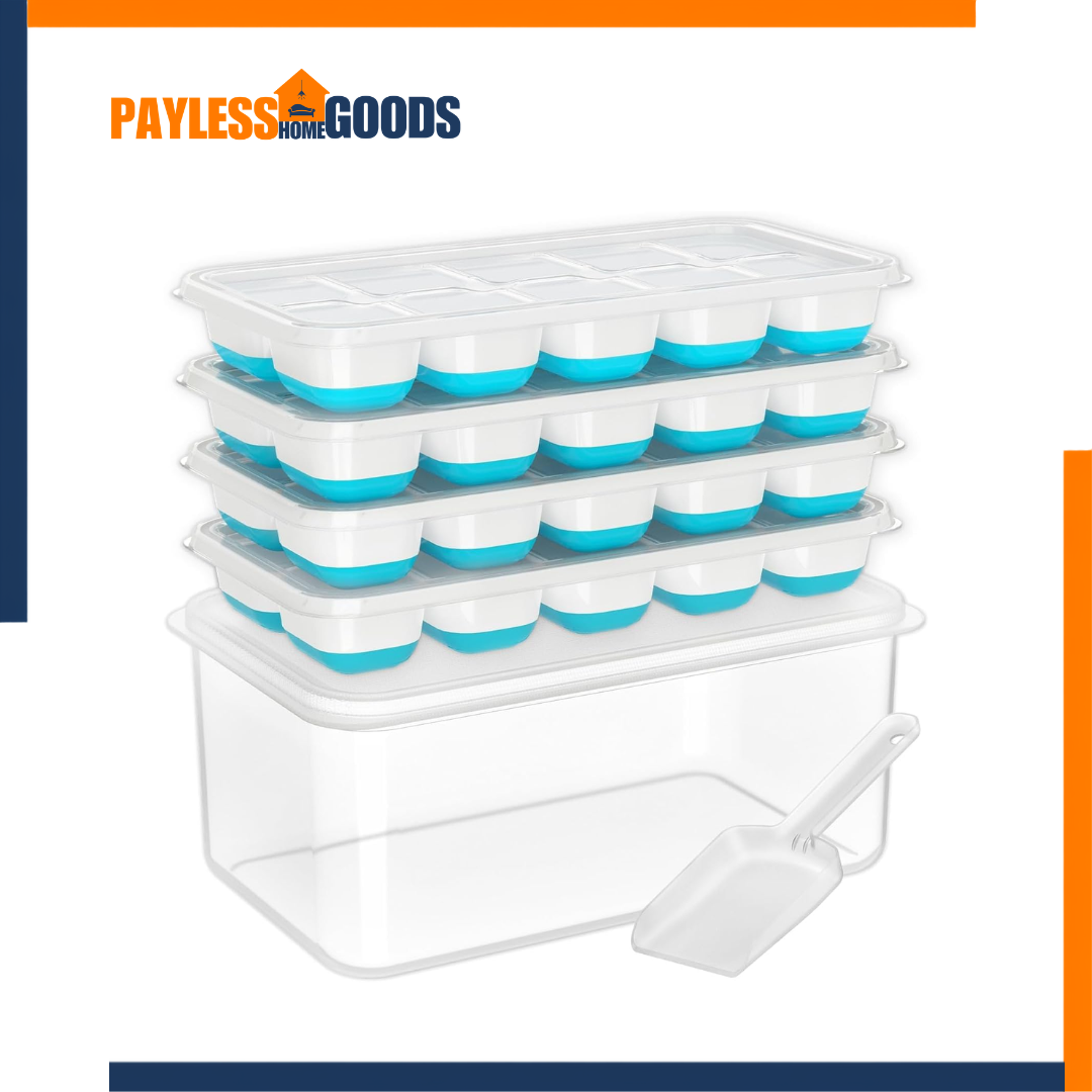 DOQAUS Ice Cube Tray with Lid and Bin, 4-Pack Silicone Ice Cube Trays for Freezer with Scoop, Stackable Ice Maker Mold for Kitchen, RV & Cocktails
