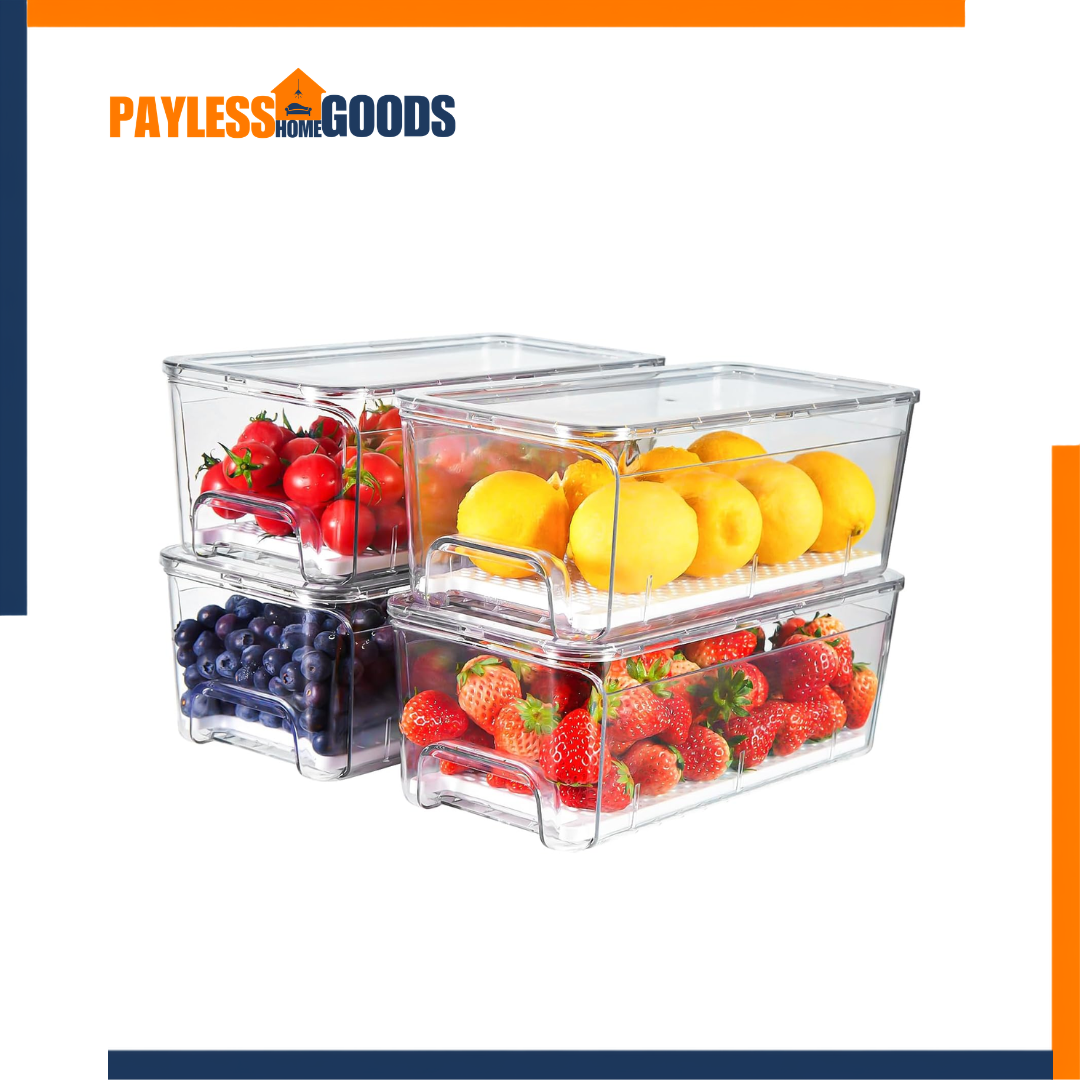 Brippo 4-Pack Refrigerator Drawer Organizer Bins, Clear Stackable Fridge Organizers with Pull-Out Drawers & Strainer Layer for Fruits, Vegetables, Snacks & Food