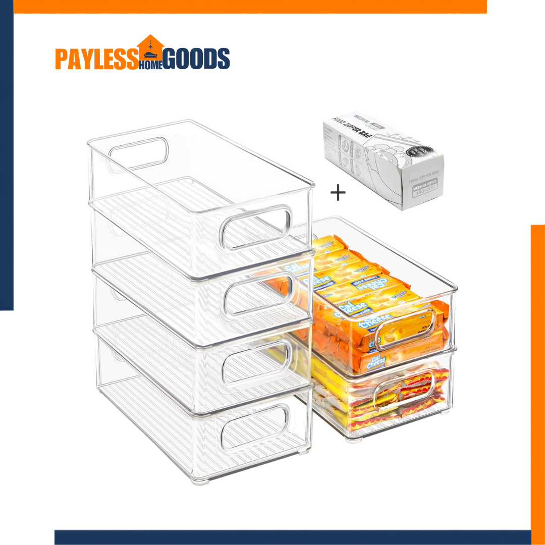 Stackable Refrigerator Organizer Bins, 6 Pack Clear Fridge Storage Containers with Handles & 20 Food Storage Bags, BPA-Free Pantry, Freezer & Cabinet Organizers
