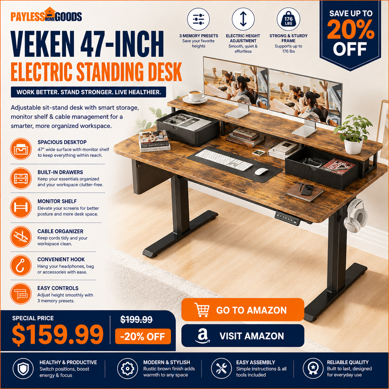 Veken 47x28 in Electric Standing Desk