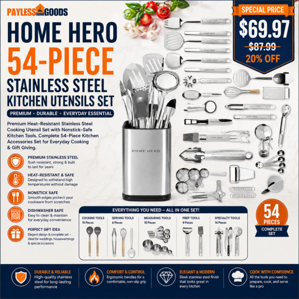 Home Hero 54-Piece Stainless Steel Kitchen Utensils Set