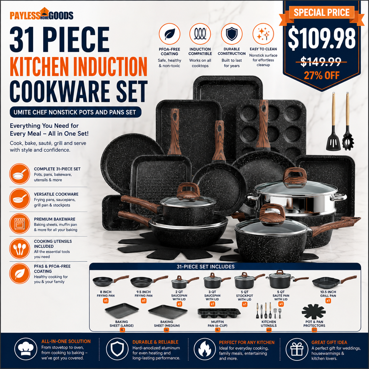 31 Piece Kitchen Induction Cookware Set