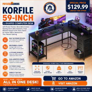 Korfile 59 inch L Shaped Computer Desk with Power Outlets