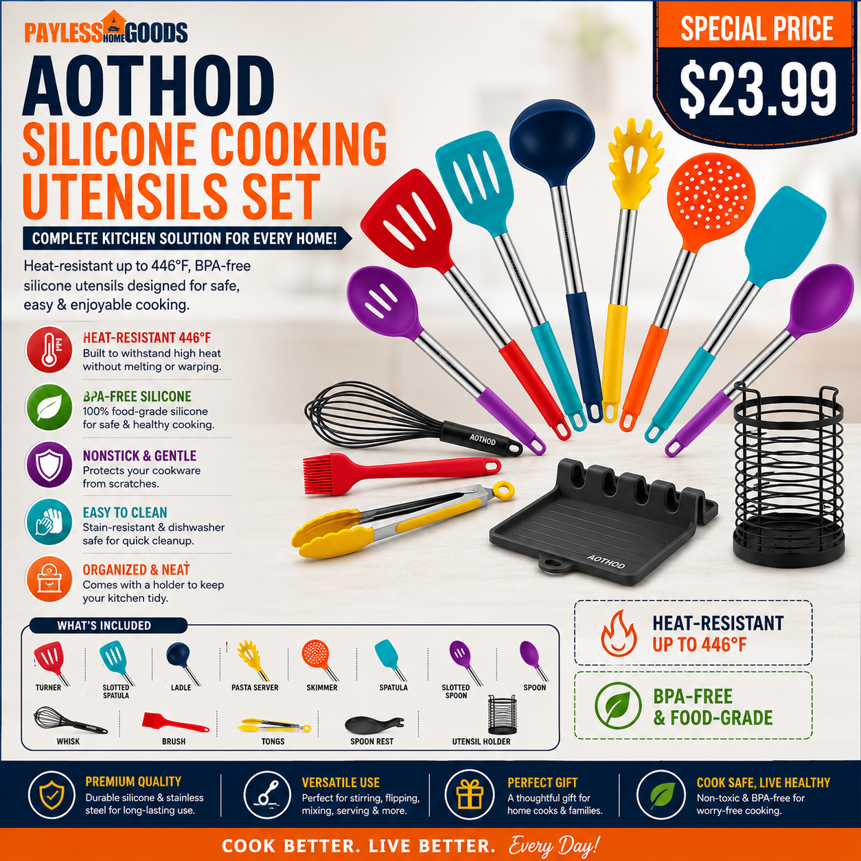 AOTHOD Silicone Cooking Utensils Set