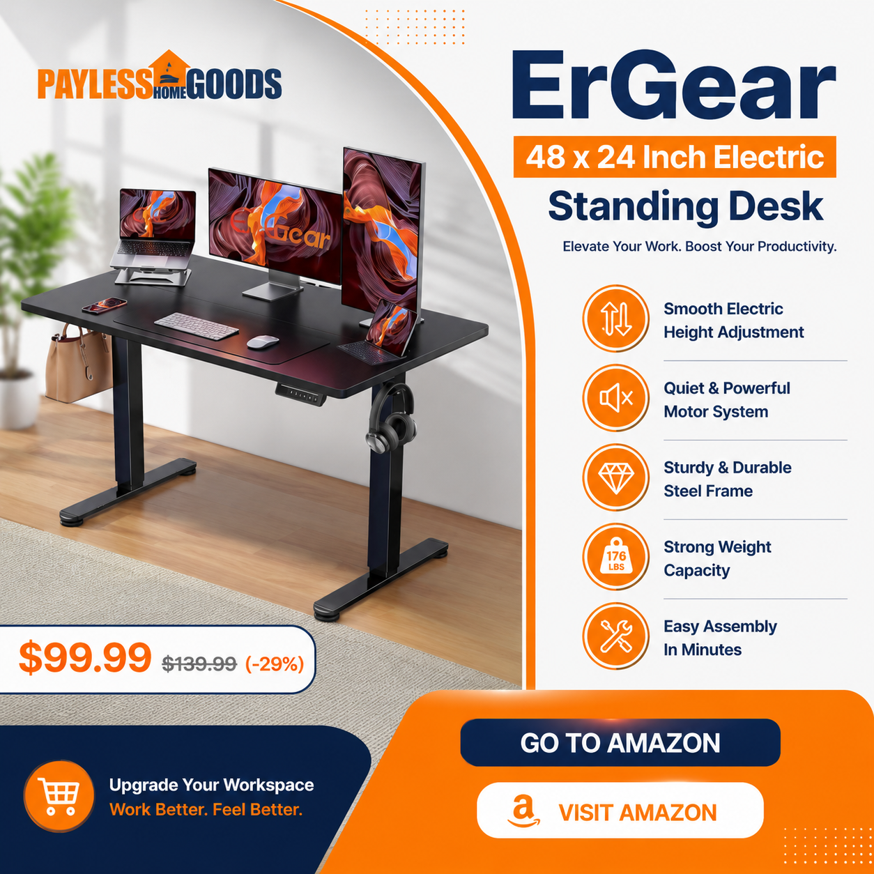 ErGear 48 X 24 Inch Height Adjustable Electric Standing Desk, Black