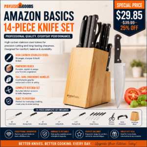 Amazon Basics 14-Piece High Carbon Stainless Steel Kitchen Knife Set with Pinewood Block