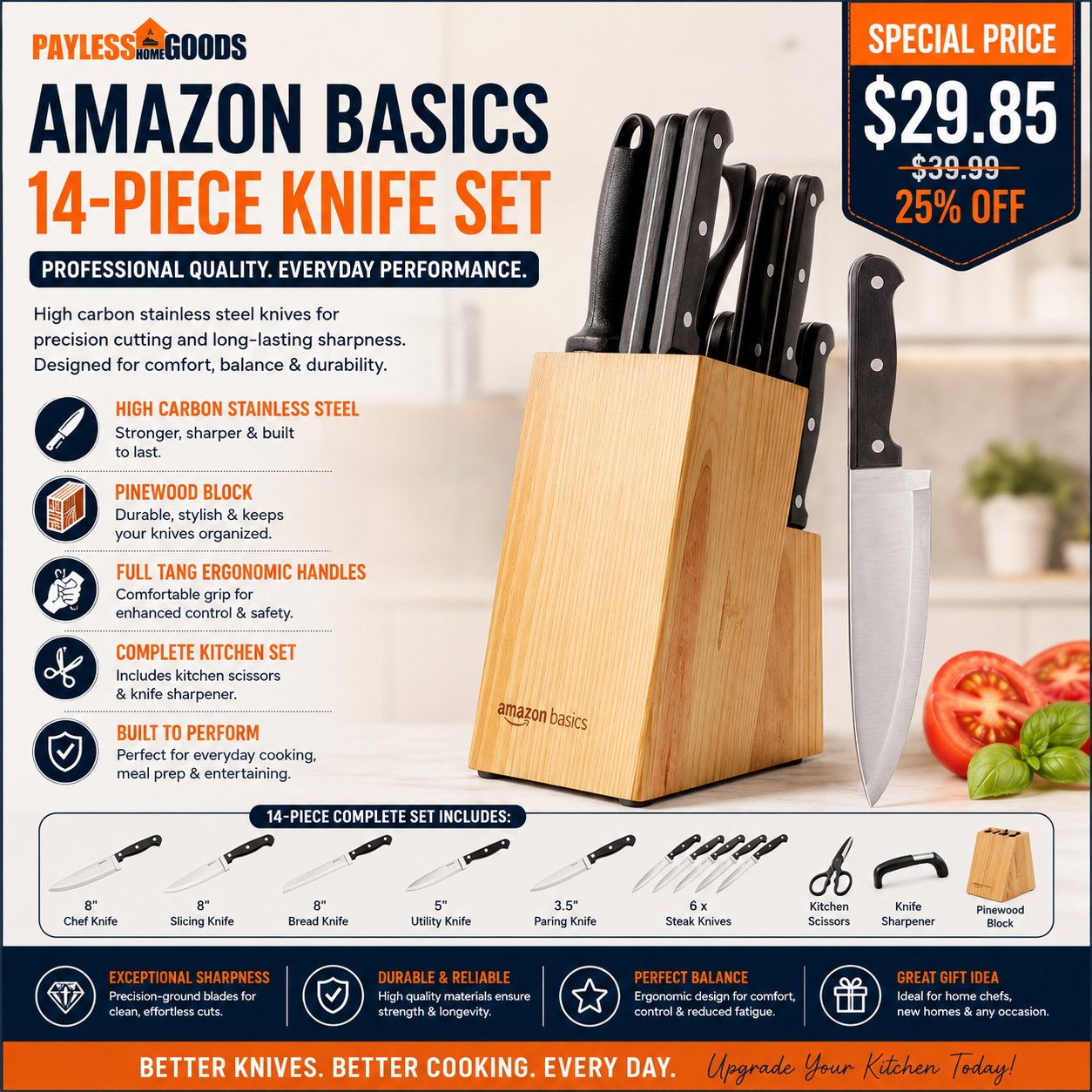 Amazon Basics 14-Piece High Carbon Stainless Steel Kitchen Knife Set with Pinewood Block