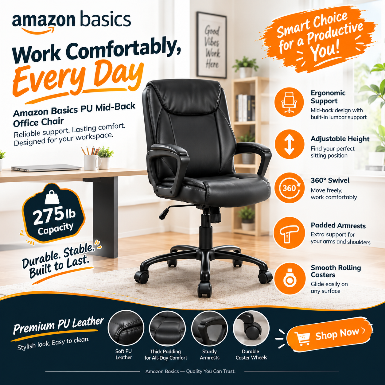 Amazon Basics Puresoft PU Mid-Back Office Chair