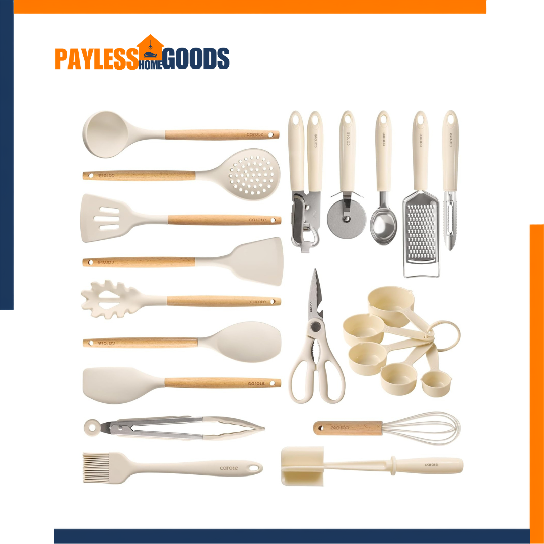 CAROTE 22-Piece Silicone Kitchen Utensils Set with Wood Cool-Touch Handles – Food-Grade BPA-Free Heat-Resistant Cooking Utensils for Nonstick Cookware, Cream White Kitchen Gadgets & Home Essentials