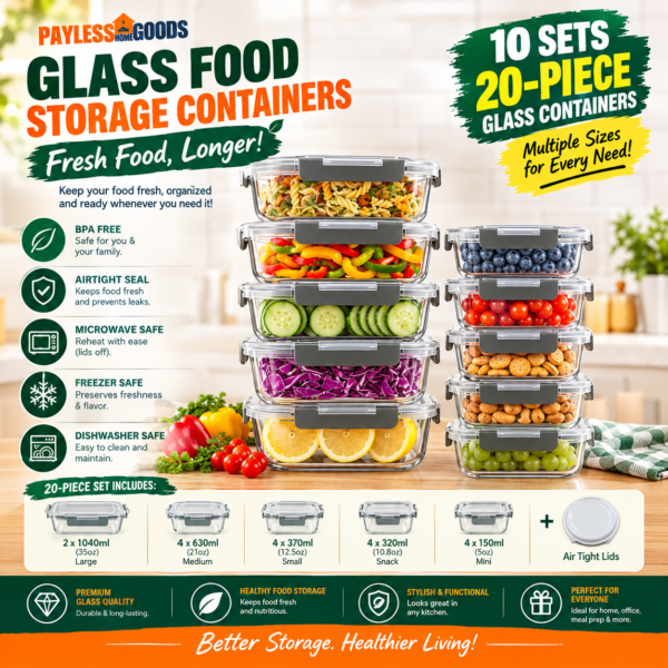 Dealusy 10 Sets Glass Food Storage Containers with Lids