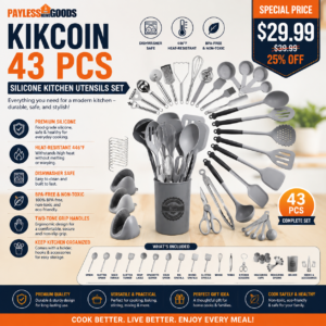 Kikcoin 43 PCS Silicone Kitchen Utensils Set – Dishwasher Safe, 446°F Heat-Resistant BPA-Free Silicone Cooking Utensils with Holder, Hooks & Two-Tone Grip Handles for Nonstick Cookware