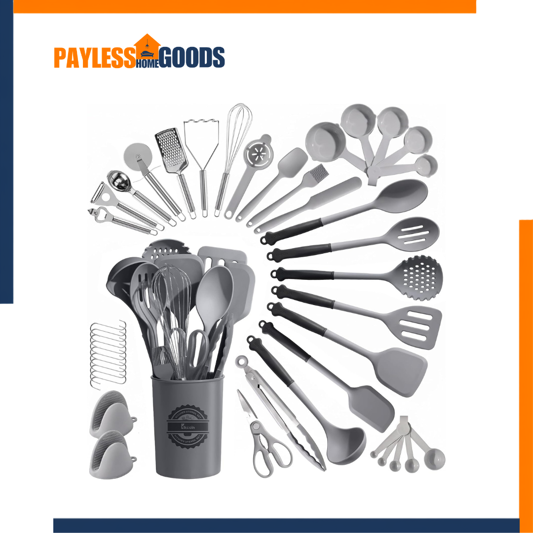 Kikcoin 43 PCS Silicone Kitchen Utensils Set – Dishwasher Safe, 446°F Heat-Resistant BPA-Free Silicone Cooking Utensils with Holder, Hooks & Two-Tone Grip Handles for Nonstick Cookware