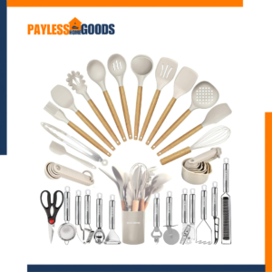 Kitchen Utensils Set 35 PCS Heat-Resistant Food-Grade Silicone Cooking Utensils with Wooden Handles – Complete Nonstick Kitchen Gadgets & Cooking Tools Set with Grater, Tongs, Measuring Cups & Holder