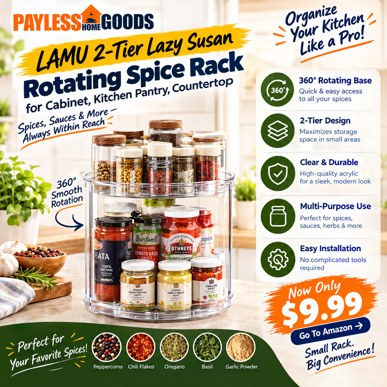LAMU 2-Tier Lazy Susan Organizer 9.25-Inch Rotating Spice Rack