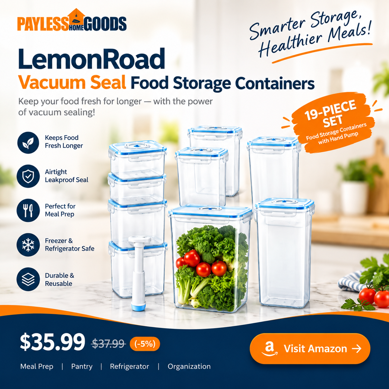 LemonRoad Vacuum Seal Food Storage Containers Set with Hand Pump