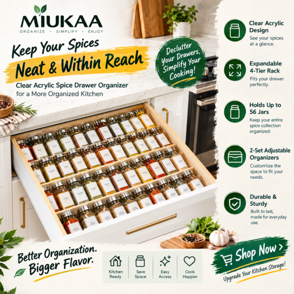 MIUKAA Clear Acrylic Spice Drawer Organizer