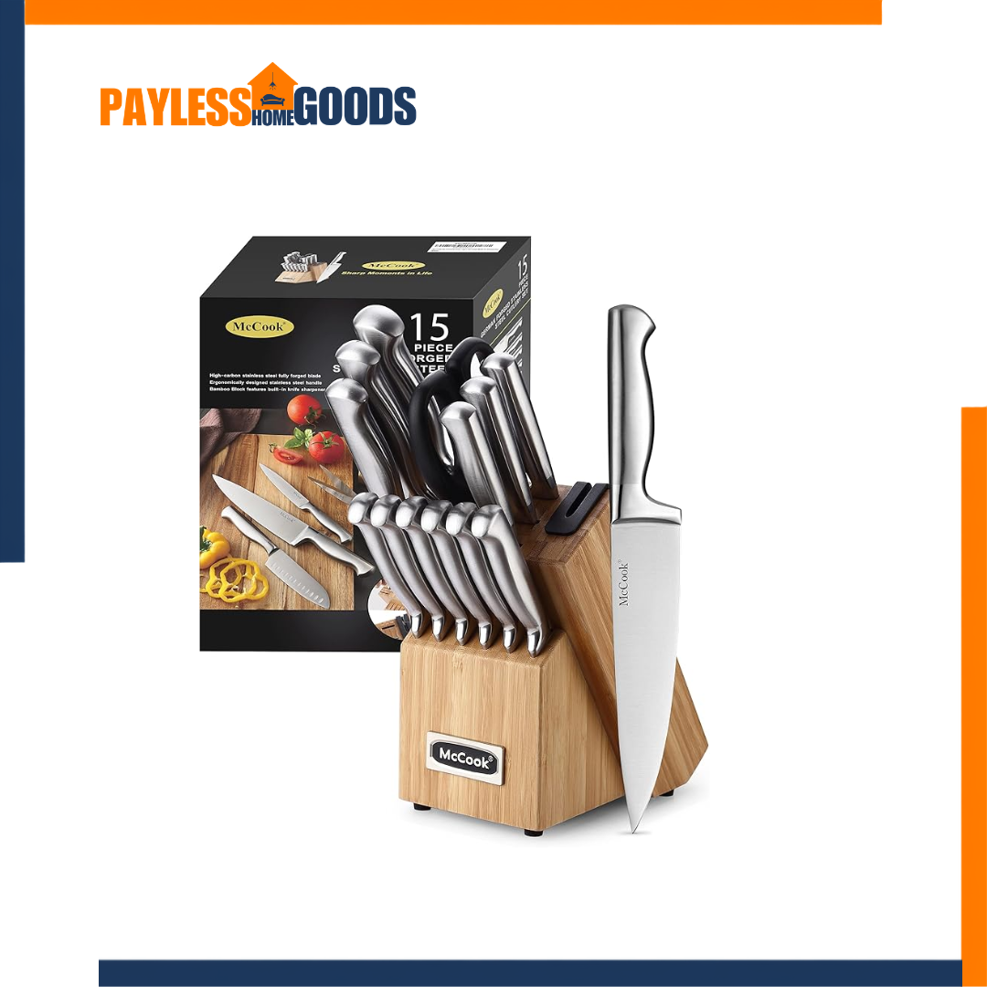 McCook 15-Piece Knife Block Set with Built-in Sharpener – German Forged Stainless Steel Kitchen Knife Set, Full Tang Ergonomic Handles, Razor Sharp Blades