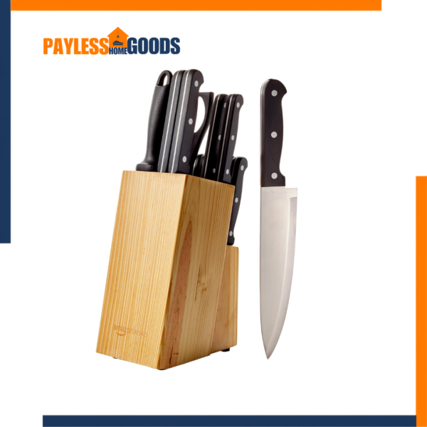 Amazon Basics 14-Piece High Carbon Stainless Steel Kitchen Knife Set with Pinewood Block