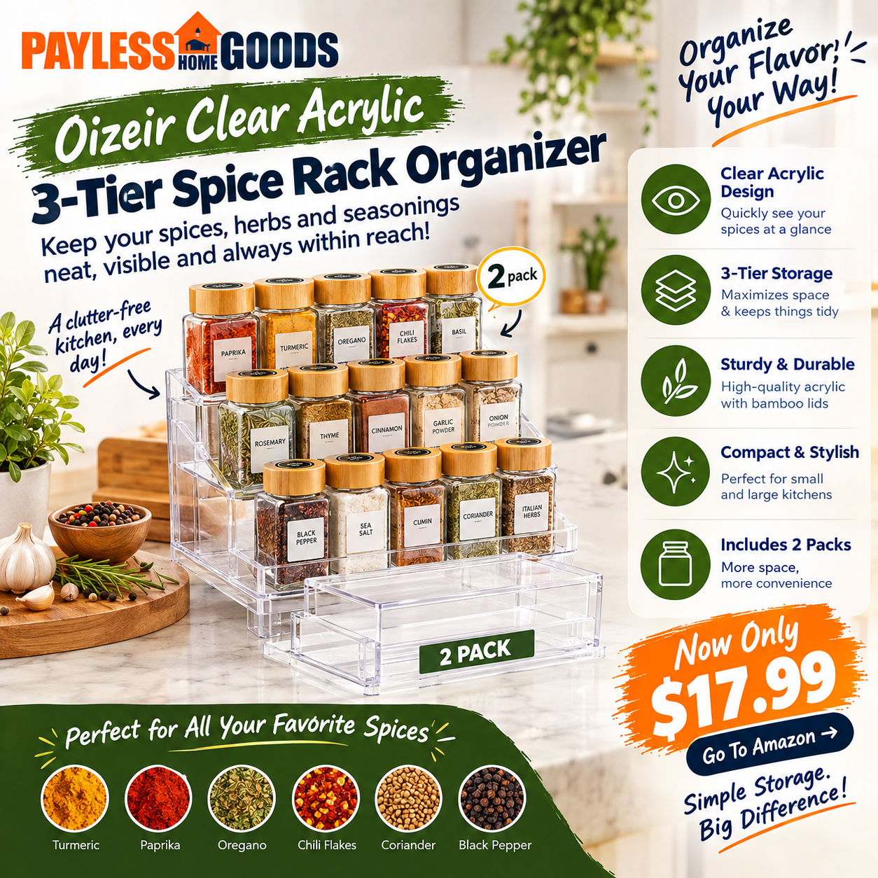 Oizeir Clear Acrylic 3-Tier Spice Rack Organizer
