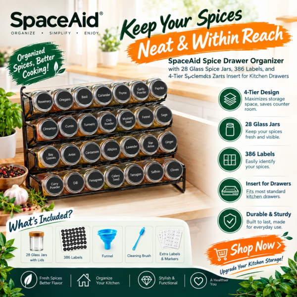 SpaceAid Spice Drawer Organizer with 28 Glass Spice Jars