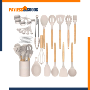 Umite Chef 33-Piece Silicone Kitchen Utensils Set with Holder – Food-Grade BPA-Free Nonstick Cooking Utensils with Wooden Handles, Heat-Resistant Kitchen Gadgets, Khaki