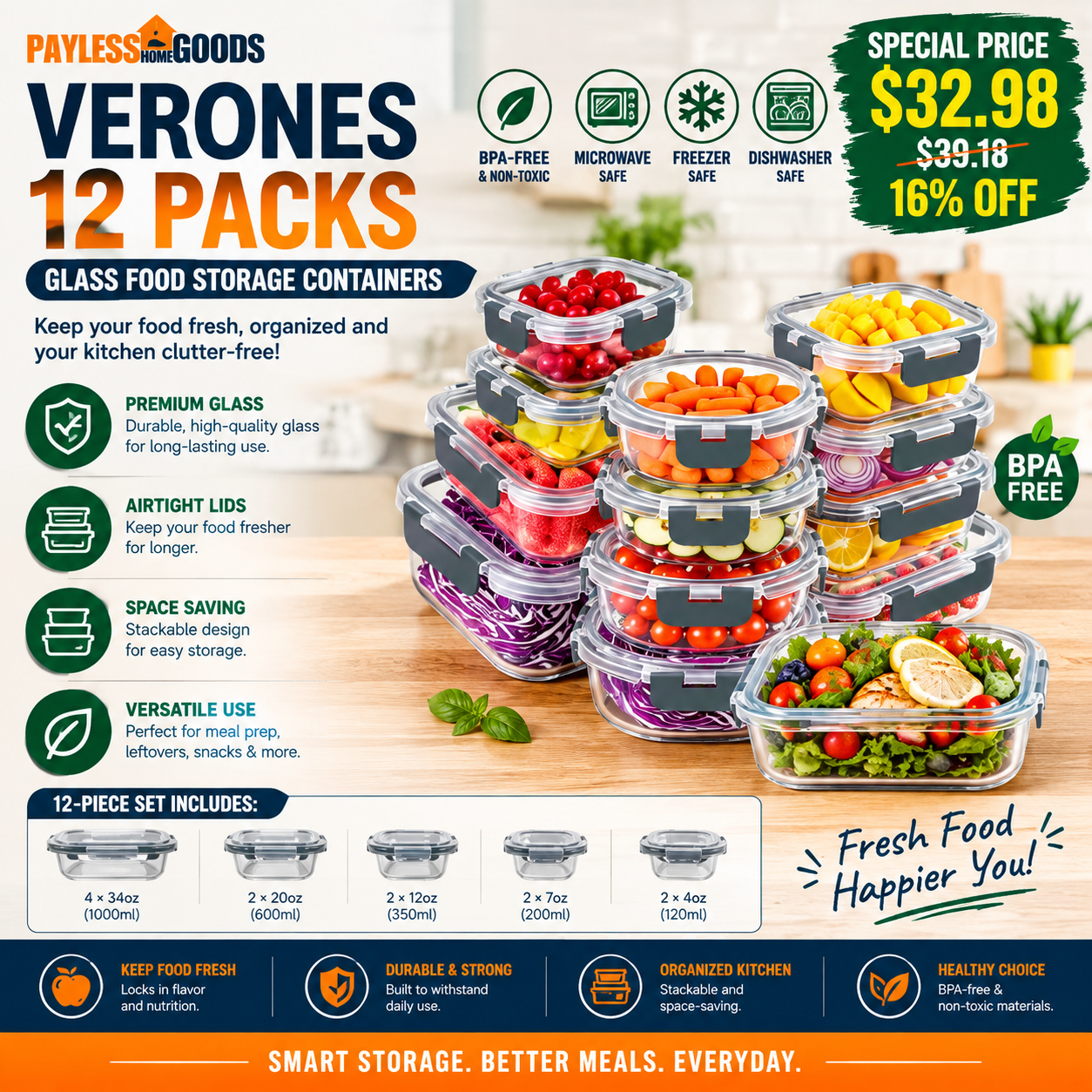 VERONES 12 Packs Glass Food Storage Containers Set with Lids