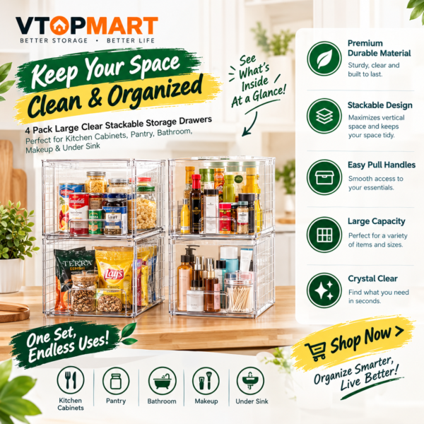 Vtopmart 4 Pack Large Clear Stackable Storage Drawers