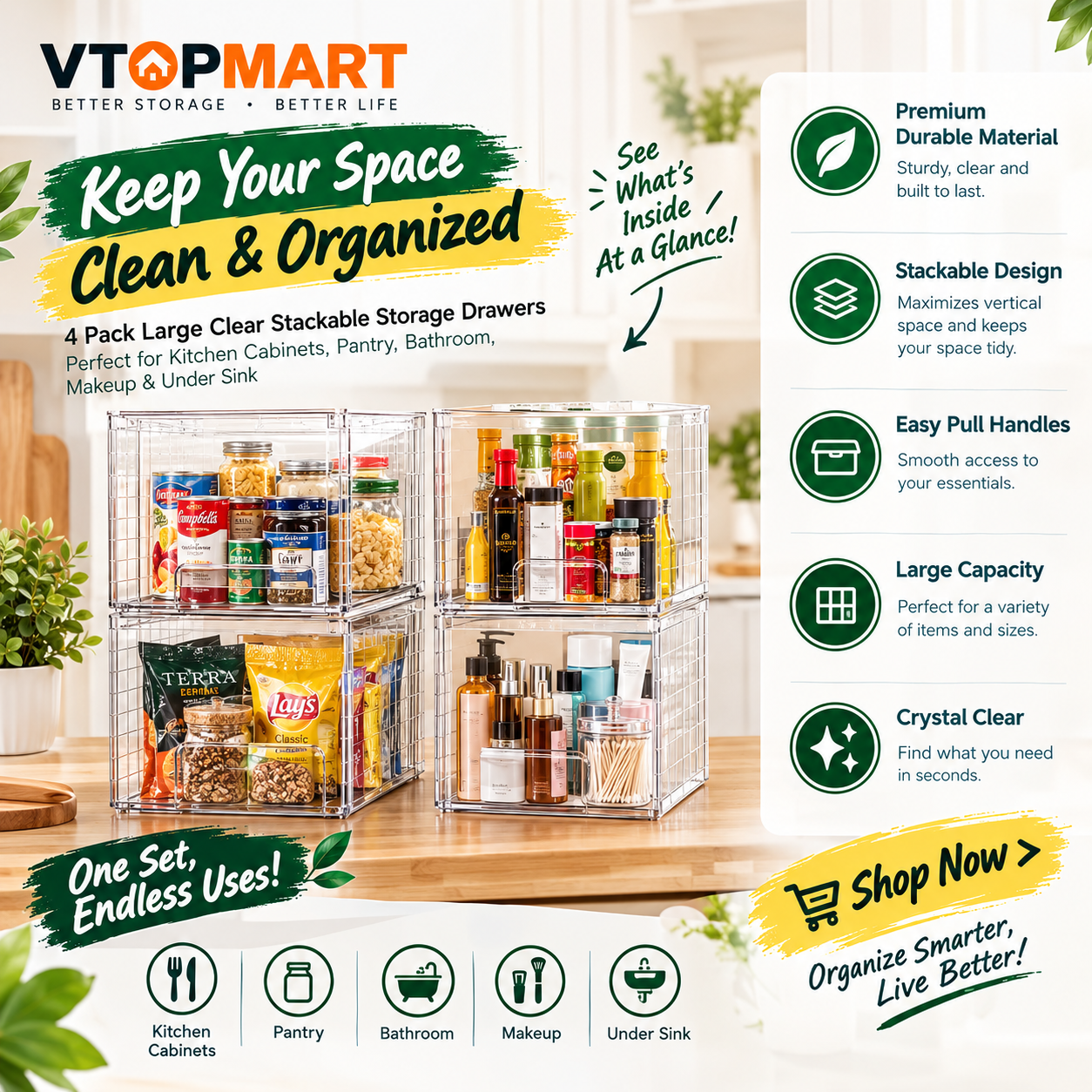 Vtopmart 4 Pack Large Clear Stackable Storage Drawers