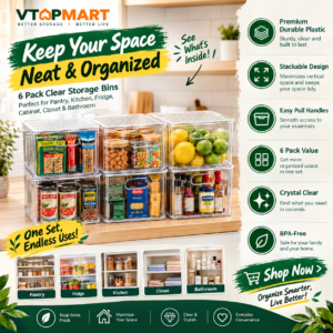 Vtopmart 6 Pack Clear Stackable Storage Bins with Lids and Handles