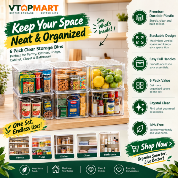 Vtopmart 6 Pack Clear Stackable Storage Bins with Lids and Handles