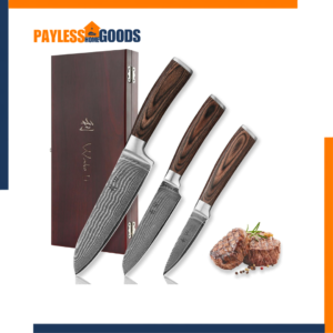 Wakoli EDIB 3-Piece Damascus Kitchen Knife Set – VG10 Core 67-Layer Genuine Damascus Steel Chef Knife Set with Santoku, Utility & Paring Knife, Pakkawood Handles, Wooden Gift Box