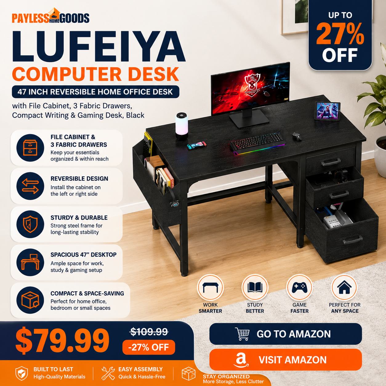 Lufeiya Computer Desk with File Drawers Cabinet